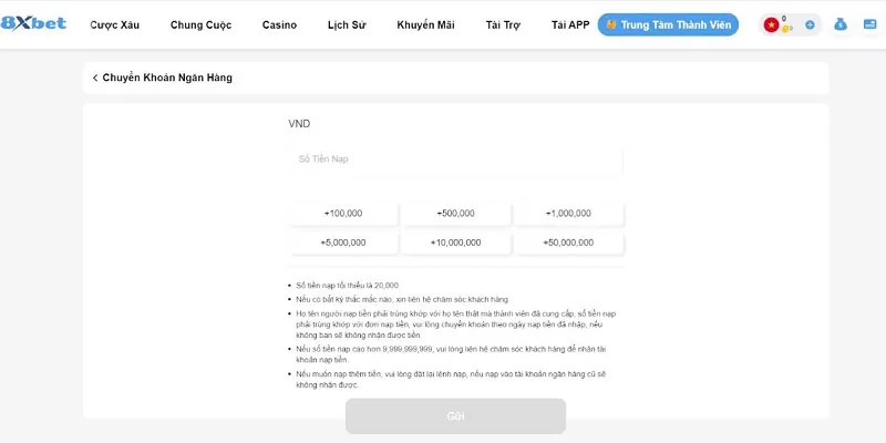 Giao dịch qua ngân hàng để nạp tiền 8xbet nhanh chóng, tiện lợi